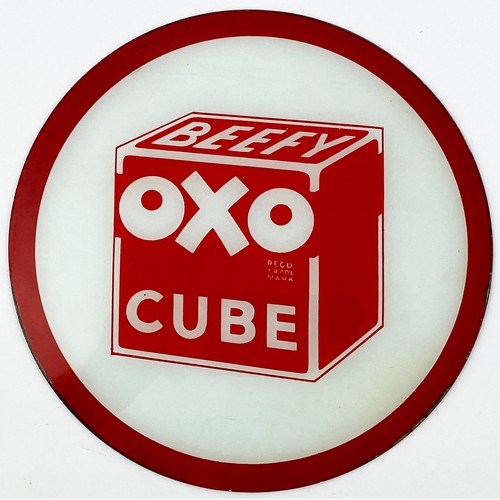 322 - BEEFY OXO CUBE GLASS WINDOW SIGN. 9ins diam. Used for shop window displays. Red & frosted white colo... 