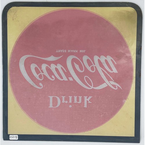 323 - COCA COLA GLASS WINDOW SIGN. 11ins diam. Red, white & yellow, two curved bottom corners. Couple of c... 