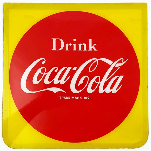 323 - COCA COLA GLASS WINDOW SIGN. 11ins diam. Red, white & yellow, two curved bottom corners. Couple of c... 