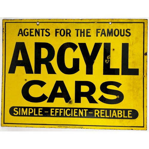 326 - ARGYLL CARS DOUBLE SIDED ENAMEL. 24 x 18ins. Bright yellow with black lettering, two hanging holes t... 