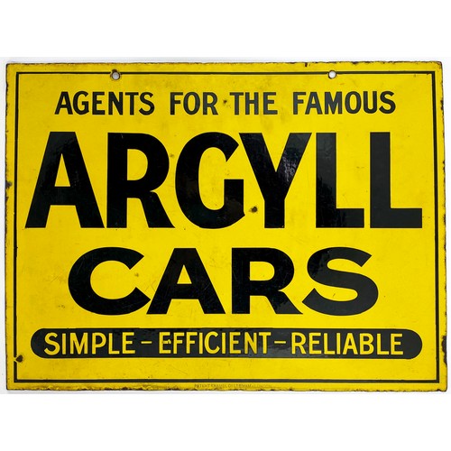 326 - ARGYLL CARS DOUBLE SIDED ENAMEL. 24 x 18ins. Bright yellow with black lettering, two hanging holes t... 