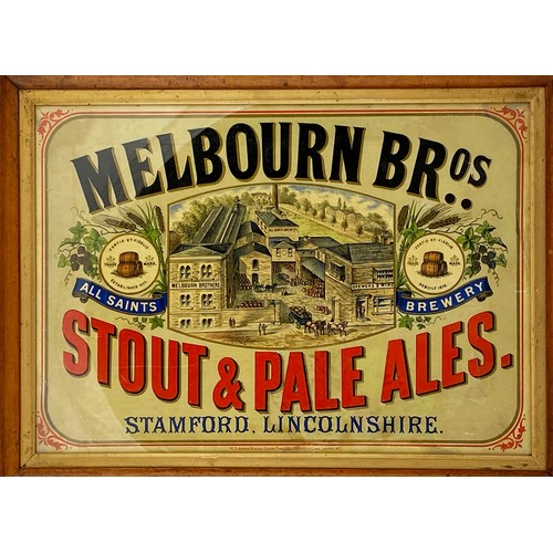 327 - MELBOURN BROS FRAMED CARD ADVERT. 23.5 x 18ins. Brewery pict to centre. Three barrels t.m. either si... 