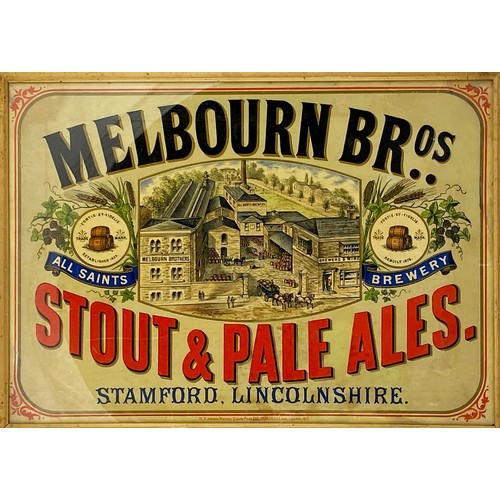 327 - MELBOURN BROS FRAMED CARD ADVERT. 23.5 x 18ins. Brewery pict to centre. Three barrels t.m. either si... 