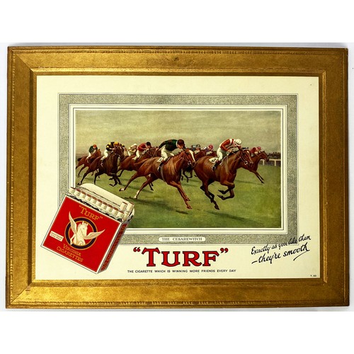 334 - TURF CIGARETTES ADVERTISING CARD ADVERT. 16.5 x 12.75ins. Thick gold band border. Central pict of ho... 