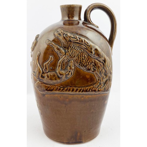 30 - DOULTON SPRIGGED HUNTING FLAGON. 10.4ins tall. Dark brown variating/ streaky Tenmoku type stoneware ... 