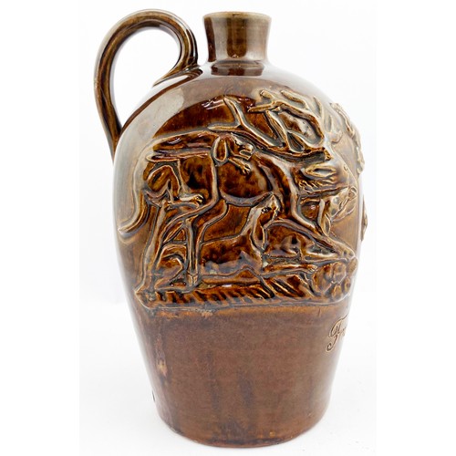 30 - DOULTON SPRIGGED HUNTING FLAGON. 10.4ins tall. Dark brown variating/ streaky Tenmoku type stoneware ... 