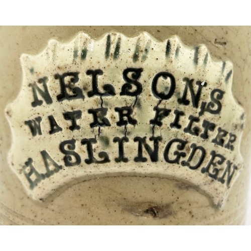 31 - NELSONS WATER FILTER HASLINGDEN. 5.8ins tall. Unusual straight sided, handled grey green type stonew... 