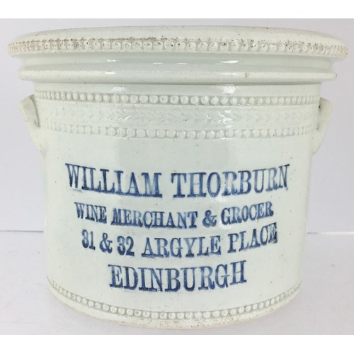 43 - EDINBURGH DOUBLE SIDED BUTTER CROCK. 5.5ins tall. Blue impressed lettering to either side  - unusual... 