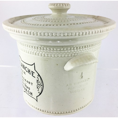 44 - J. W. BLANCHE EDINBURGH BUTTER CROCK. 6ins tall. All white body, black front transfer. Handles to ea... 