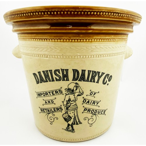 45 - DANISH DAIRY CO BUTTER CROCK. 7ins tall, t.t., two small side handles. Much wheeled decoration. Bonn... 