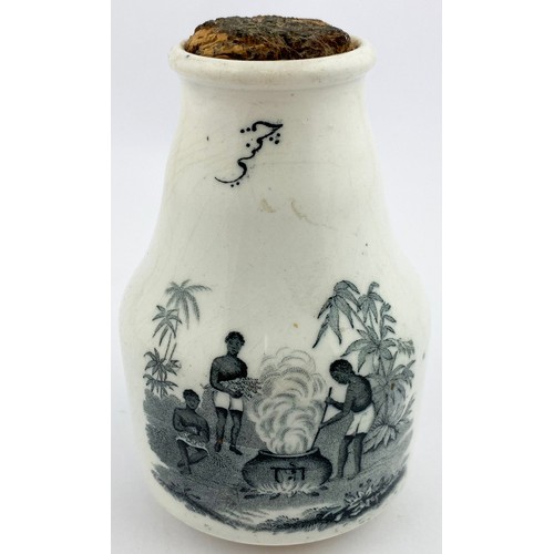 49 - INDIAN CHUTNEY JAR. 4.5ins tall. Black & white, 2 different pics either side, original (?) cork stop... 