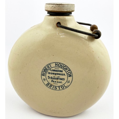 53 - BRISTOL ADAPTABLE HOT WATER BOTTLE. 8ins tall. Circular stoneware body, black transfer both sides TH... 