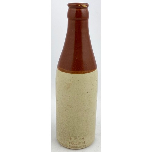 64 - DUNFERMLINE GINGER BEER BOTTLE. 7.3ins tall. Ch., t.t., c.c., dark brown neck. Black transfer. JOHN ... 