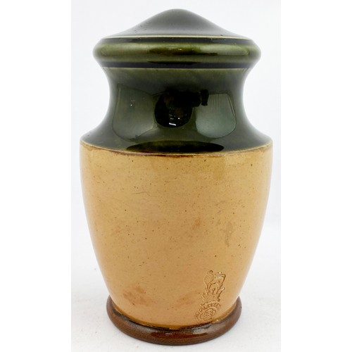 45 - RAGGED SCHOOL UNION MONEY BOX. 4.2ins. Stoneware salt glaze money box with dark green top. Front tra... 