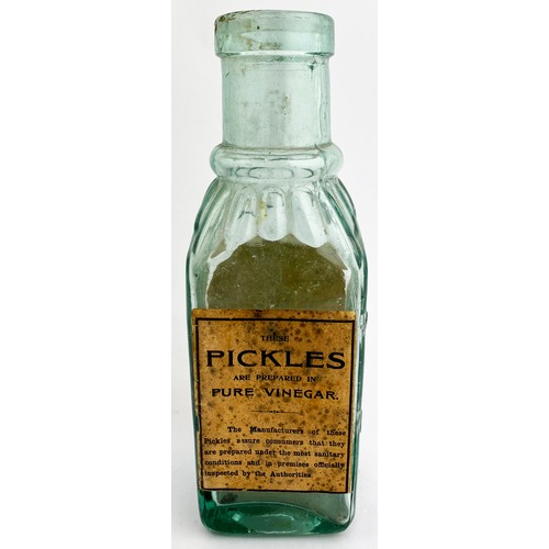 ROWATS LABELLED PICKLE JAR. 9.5ins tall. Aqua glass, neck ribbing ...