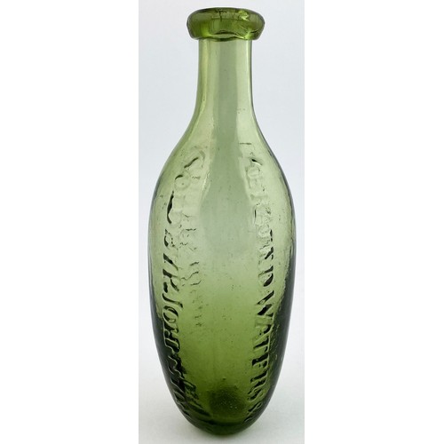 26 - JOHNSTON HAMILTONS PATENT PONTILLED HAMILTON BOTTLE. 7.8ins long. Smokey Daffy type green glass hami... 