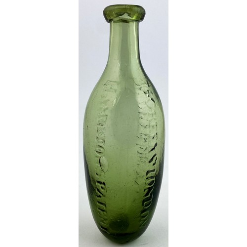 26 - JOHNSTON HAMILTONS PATENT PONTILLED HAMILTON BOTTLE. 7.8ins long. Smokey Daffy type green glass hami... 