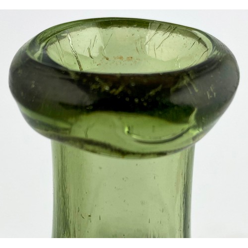 26 - JOHNSTON HAMILTONS PATENT PONTILLED HAMILTON BOTTLE. 7.8ins long. Smokey Daffy type green glass hami... 