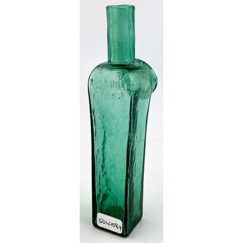 39 - MINIATURE ZARA SEAL BOTTLE. 5.4ins tall, deep turquoise aqua glass, square body, tooled lip. Pict. s... 