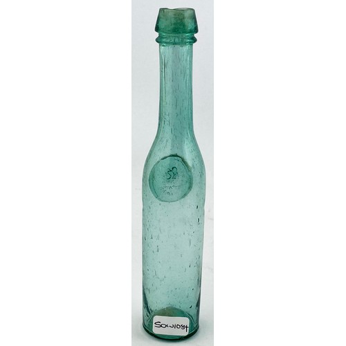 40 - MINIATURE ZARA SEAL BOTTLE. 6.2ins tall, turquoise aqua glass, circular body, collared lip. Pict. sh... 