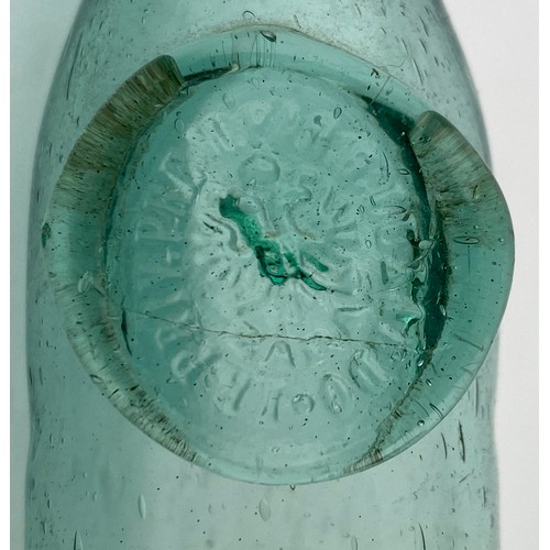 40 - MINIATURE ZARA SEAL BOTTLE. 6.2ins tall, turquoise aqua glass, circular body, collared lip. Pict. sh... 