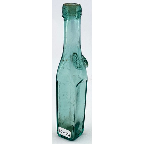 41 - MINIATURE ZARA SEAL BOTTLE. 5.4ins tall, turquoise aqua glass, square body, collared lip. Pict. shou... 