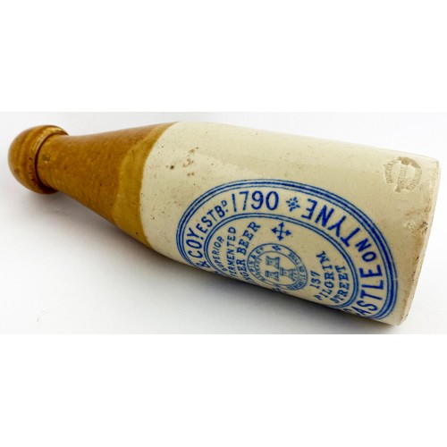 49 - NEWCASTLE ON TYNE GINGER BEER BOTTLE. Approx. 8ins tall. Ch., t.t., blob top. Oval bordered blue tra... 