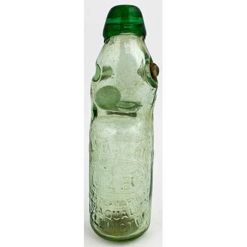 65 - GREEN LIP VALVE CODD BOTTLE. 7.6ins tall. 6oz capacity aqua codd with a bright green lip and valve t... 