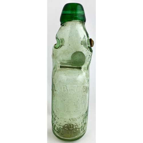 65 - GREEN LIP VALVE CODD BOTTLE. 7.6ins tall. 6oz capacity aqua codd with a bright green lip and valve t... 