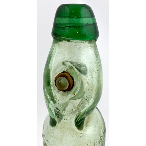 65 - GREEN LIP VALVE CODD BOTTLE. 7.6ins tall. 6oz capacity aqua codd with a bright green lip and valve t... 