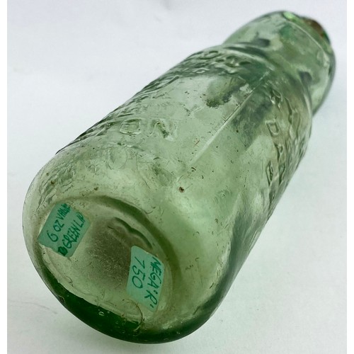 65 - GREEN LIP VALVE CODD BOTTLE. 7.6ins tall. 6oz capacity aqua codd with a bright green lip and valve t... 