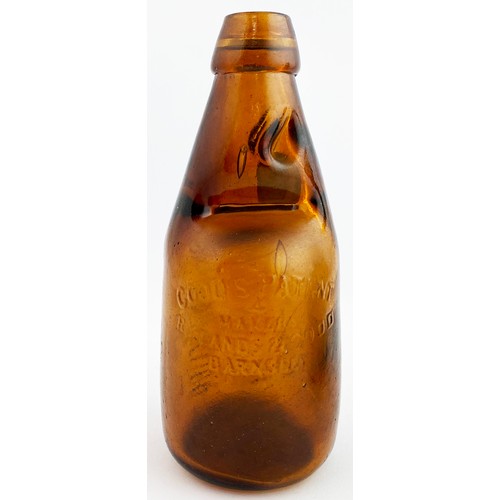 66 - BURY ST EDMUNDS RED AMBER DUMPY CODD BOTTLE. 7.1ins tall. Glorious red amber glass dumpy codd - this... 