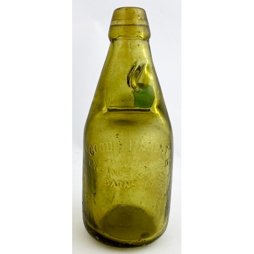 67 - BURY ST EDMUNDS AMBER DUMPY CODD BOTTLE. 7.4ins tall. Golden amber glass dumpy codd. Embossed vertic... 