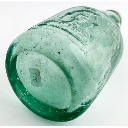 70 - TEGELEN DUMPY CODD BOTTLE. 7.25ins tall., very unusual wide neck? Aqua glass dumpy codd. Front embos... 