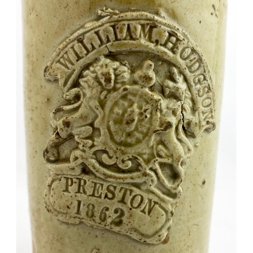 77 - PRESTON DATED SLAB SEALED GINGER BEER. 6.6ins tall. Light grey/ green slip type body glaze. Cut out ... 