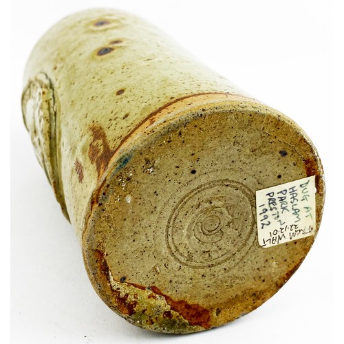 80 - PRESTON SLAB SEALED GINGER BEER. 6.6ins tall, shiny grey/ green slip glaze. Circular slab (crude inm... 