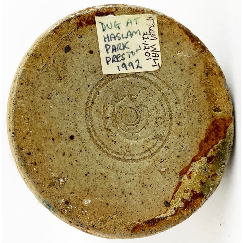 80 - PRESTON SLAB SEALED GINGER BEER. 6.6ins tall, shiny grey/ green slip glaze. Circular slab (crude inm... 