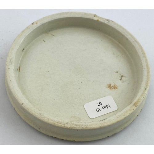 95 - PORTSMOUTH POT LID. 3.4ins diam. Black transfer. TIMOTHY WHITE COMPANY/ OTTE OF ROSE/  CASH CHEMISTS... 