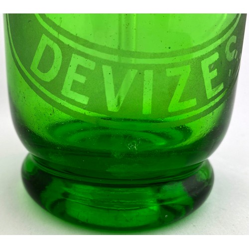 103 - WADWORTH & CO DEVIZES SODA SYPHON. 11.5ins tall to impressed trigger top. Bright green glass, flared... 