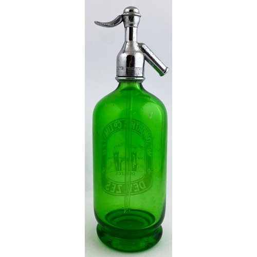 103 - WADWORTH & CO DEVIZES SODA SYPHON. 11.5ins tall to impressed trigger top. Bright green glass, flared... 