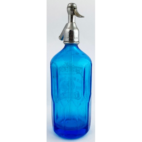 104 - GRIMSBY SODA SYPHON. 12ins tall to top of impressed metal trigger. Vertical facets, pale blue glass.... 