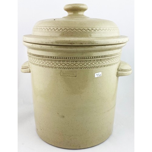 114 - TRADESMANS SAMPLE GRAY & SONS BREAD CROCK. 14.3ins tall.Off white straight sided stoneware crock sha... 