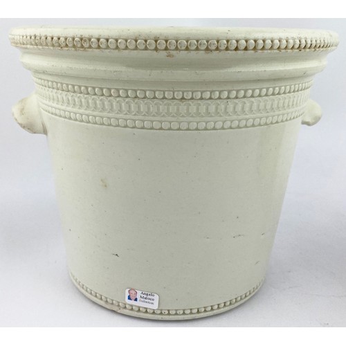 115 - MENZIES STORES DUNFERMLINE BUTTER CROCK. 5.1ins tall, all white, much wheeled decoration. Ornate MEN... 