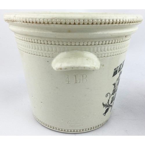 115 - MENZIES STORES DUNFERMLINE BUTTER CROCK. 5.1ins tall, all white, much wheeled decoration. Ornate MEN... 