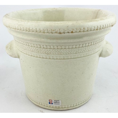 116 - MENZIES STORES DUNFERMLINE BUTTER CROCK. 6.2ins tall, all white, again much wheeled decoration. Orna... 