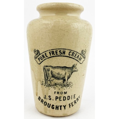 121 - BROUGHTY FERRY CREAM POT. 4.2ins tall. Off white stoneware cylinder cream. Top line of transfer in a... 