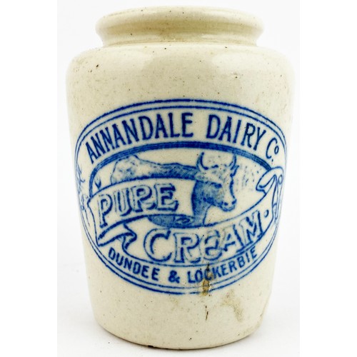 122 - ANNANDALE DAIRY CREAM POT. 3.7ins tall. Off white squat stoneware cylinder cream. Strong blue transf... 