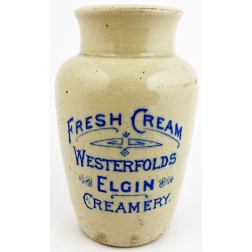 124 - ELGIN CREAM POT. 4.3ins tall. Off white stoneware pot with strong & a very crisply struck blue trans... 