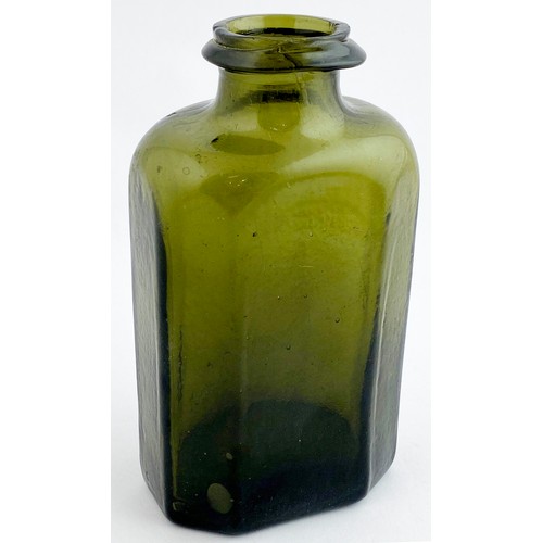 213 - ENGLISH WIDE MOUTHED OCTAGONAL UTILITY BOTTLE. 6ins tall. An absolutely superb black glass (dark gre... 