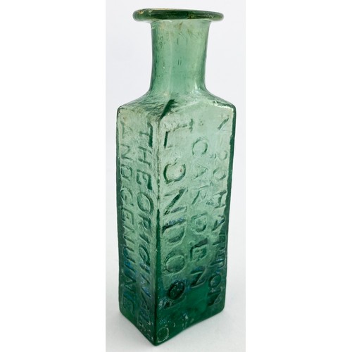 215 - ROWLANDS MACASSAR OIL BOTTLE. 3.7ins tall. Turquoise green glass colour, flattened rectangular body ... 